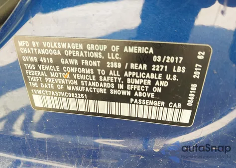 2017 Volkswagen Passat 1.8T Sel Premium from USA, damaged, VIN 1VWCT7A37HC062251